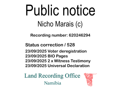 Public notice Nicho Marais Recording number 620246294