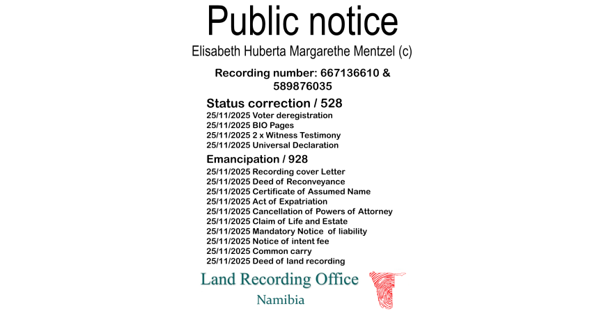Public notice Elisabeth Huberta Margarethe Mentzel Recording number 667136610 & 589876035