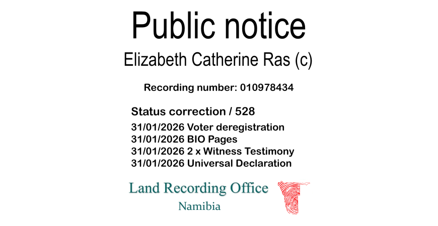 Public notice Elizabeth Catherine Ras Recording number 010978434