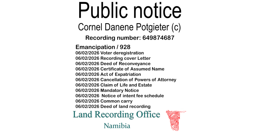 Public notice Cornel Danene Potgieter Recording number 649874687