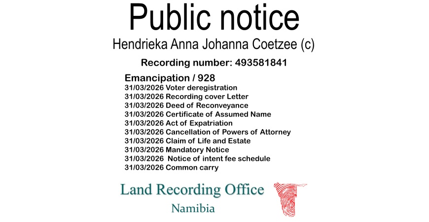 Public notice Hendrieka Anna Johanna Coetzee (c) Recording number 493581841