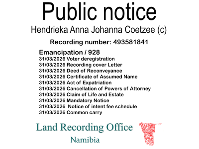 Public notice Hendrieka Anna Johanna Coetzee (c) Recording number 493581841