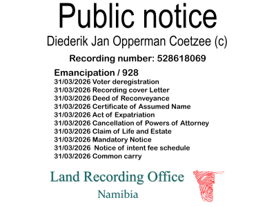 Public notice Diederik Jan Opperman Coetzee (c) Recording number 528618069
