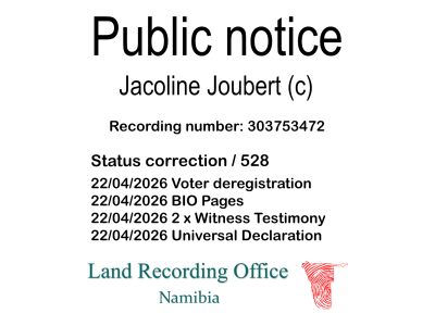 Public notice Jacoline Joubert (c) Recording number 303753472