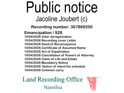 Public notice Jacoline Joubert (c) Recording number 367869200