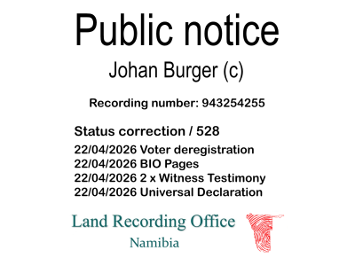 Public notice Johan Burger (c) Recording number 943254255