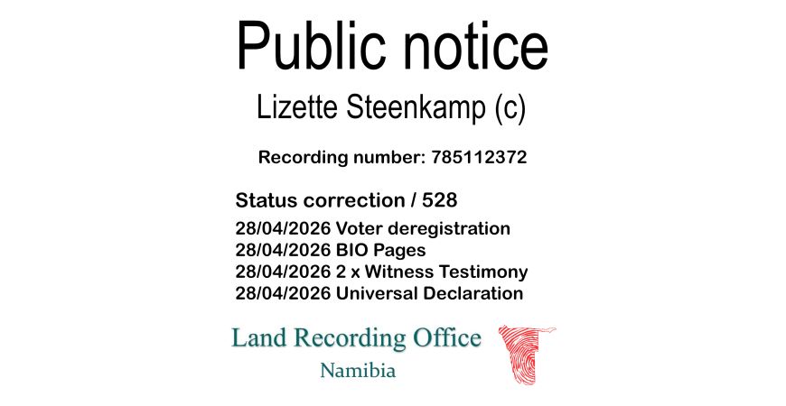 Public notice Lizette Steenkamp (c) Recording number 785112372