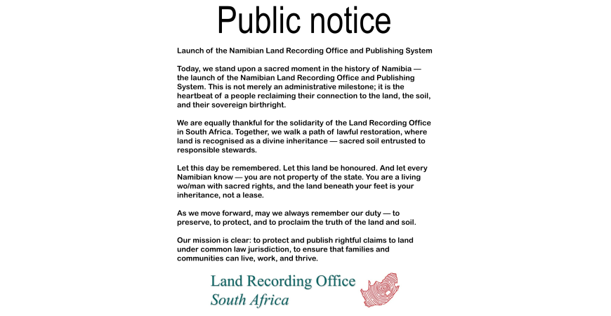 Public Notice Launch of the Namibian Land Recording Office and Publishing System