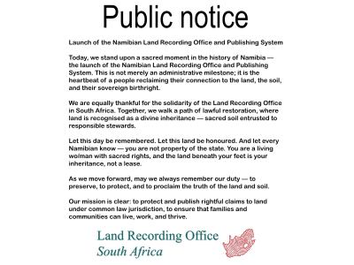 Public Notice Launch of the Namibian Land Recording Office and Publishing System