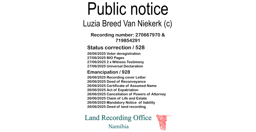 Public notice Luzia Breed Van Niekerk (c) Recording number 270667970 & 719854291