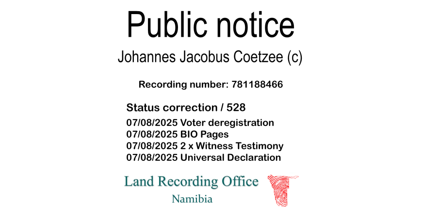 Public notice Johannes Jacobus Coetzee (c) Recording number 781188466
