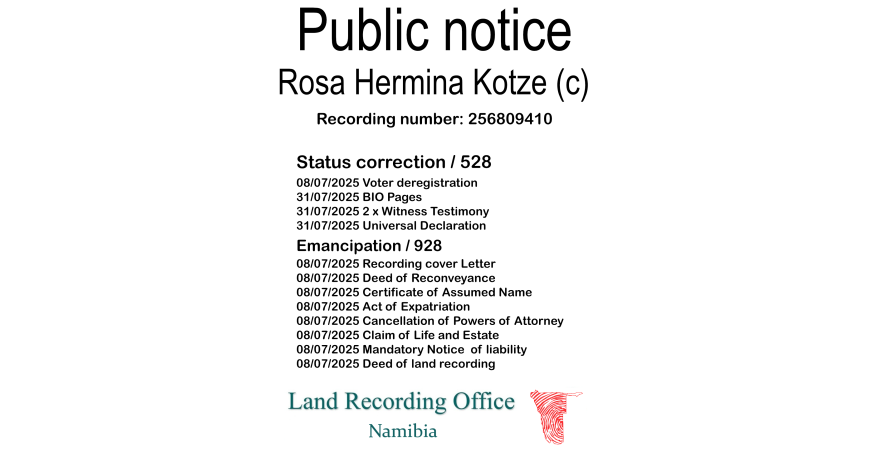 Public notice Rosa Hermina Kotze (c) Recording number 256809410