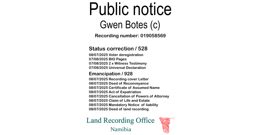 Public notice Gwen Botes (c) Recording number 019058569