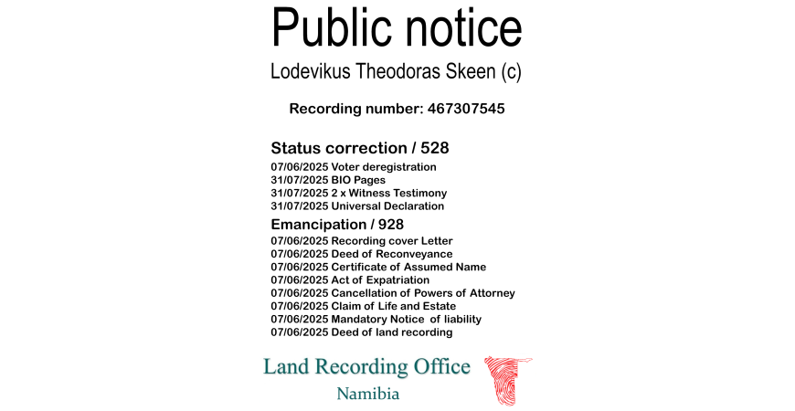 Public notice Lodevikus Theodoras Skeen (c) Recording number 467307545