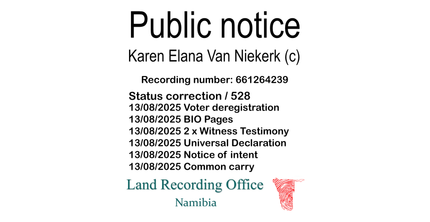 Public notice Karen Elana Van Niekerk (c) Recording number 661264239