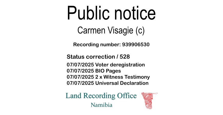 Public notice Carmen Visagie (c) Recording number 939906530