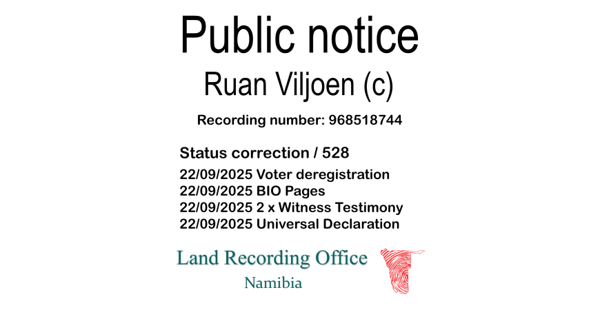 Public notice Ruan Viljoen Recording number 968518744
