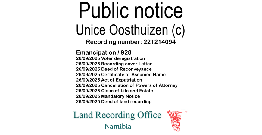 Public Notice Unice Oosthuizen Recording Number 221214094