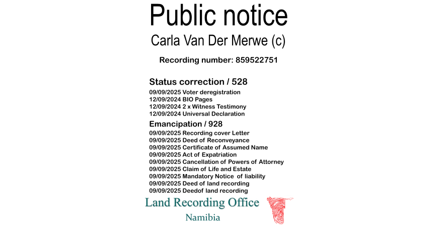 Public Notice Carla Van Der Merwe Recording Number 859522751