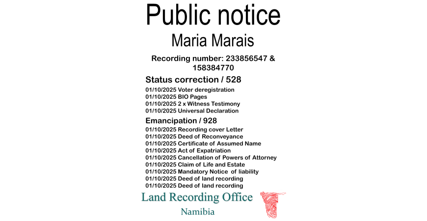 Public notice Maria Marais Recording number 233856547 & 158384770