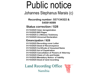 Public notice Johannes Stephanus Marais Recording number 557134322 & 545914099
